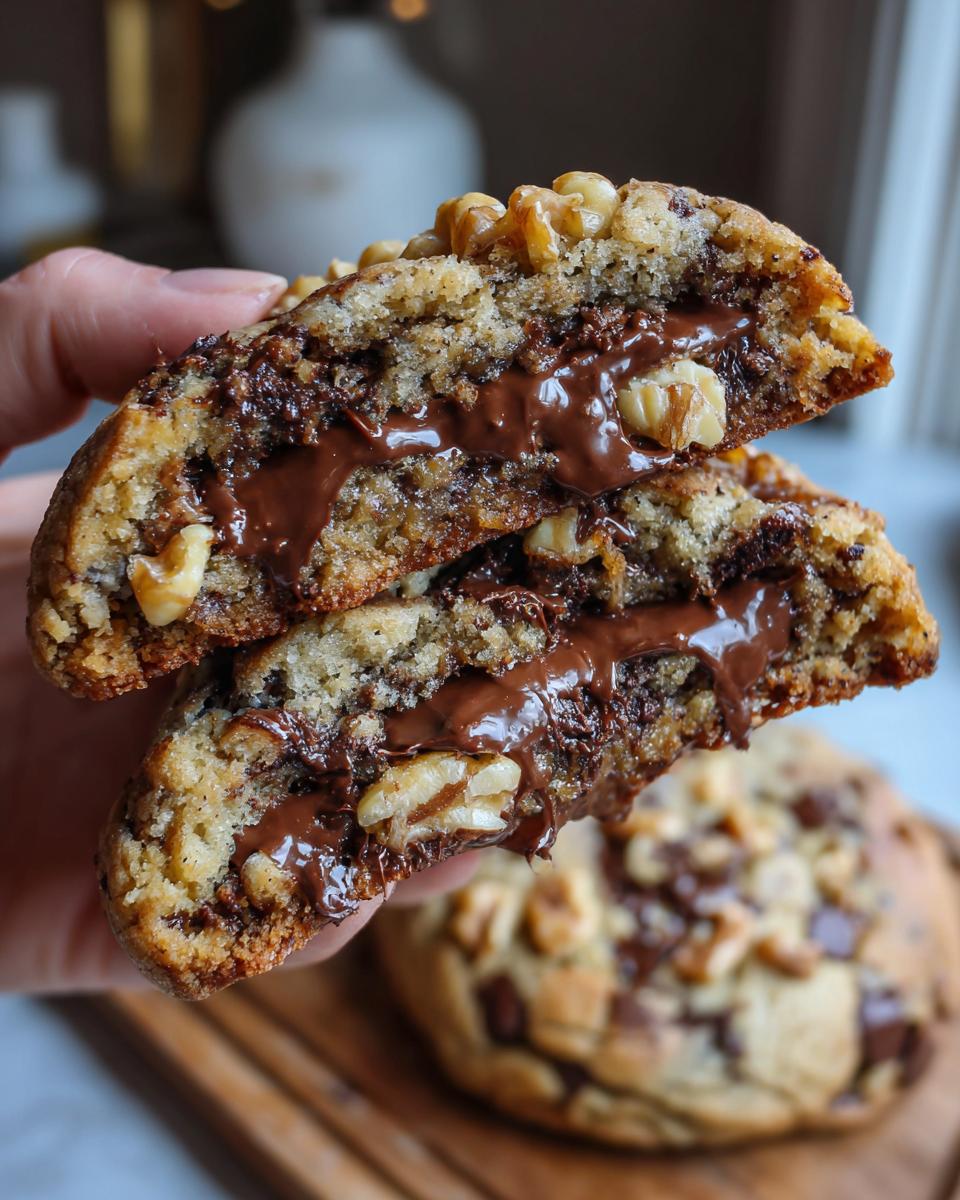 Close-up of a levain bakery chocolate chip cookie broken in half showing a gooey melted chocolate center and walnuts.