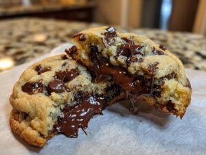 A close-up of a thick levain bakery chocolate chip cookies split open, revealing molten, gooey chocolate center.