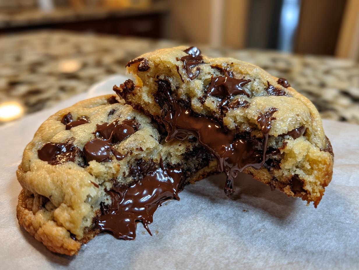 A close-up of a thick levain bakery chocolate chip cookies split open, revealing molten, gooey chocolate center.