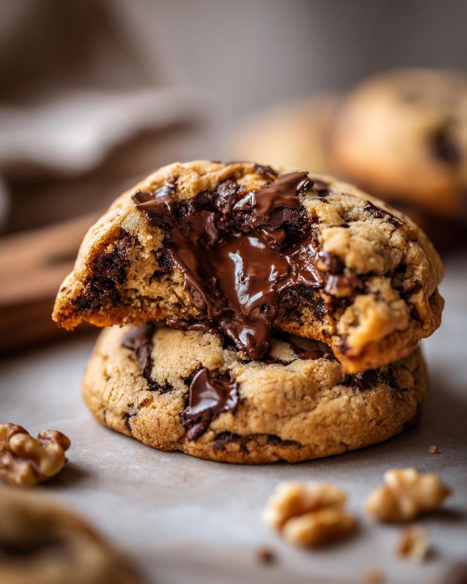 Close-up of two thick levain bakery chocolate chip cookies stacked, with the top one broken open revealing molten, gooey chocolate.
