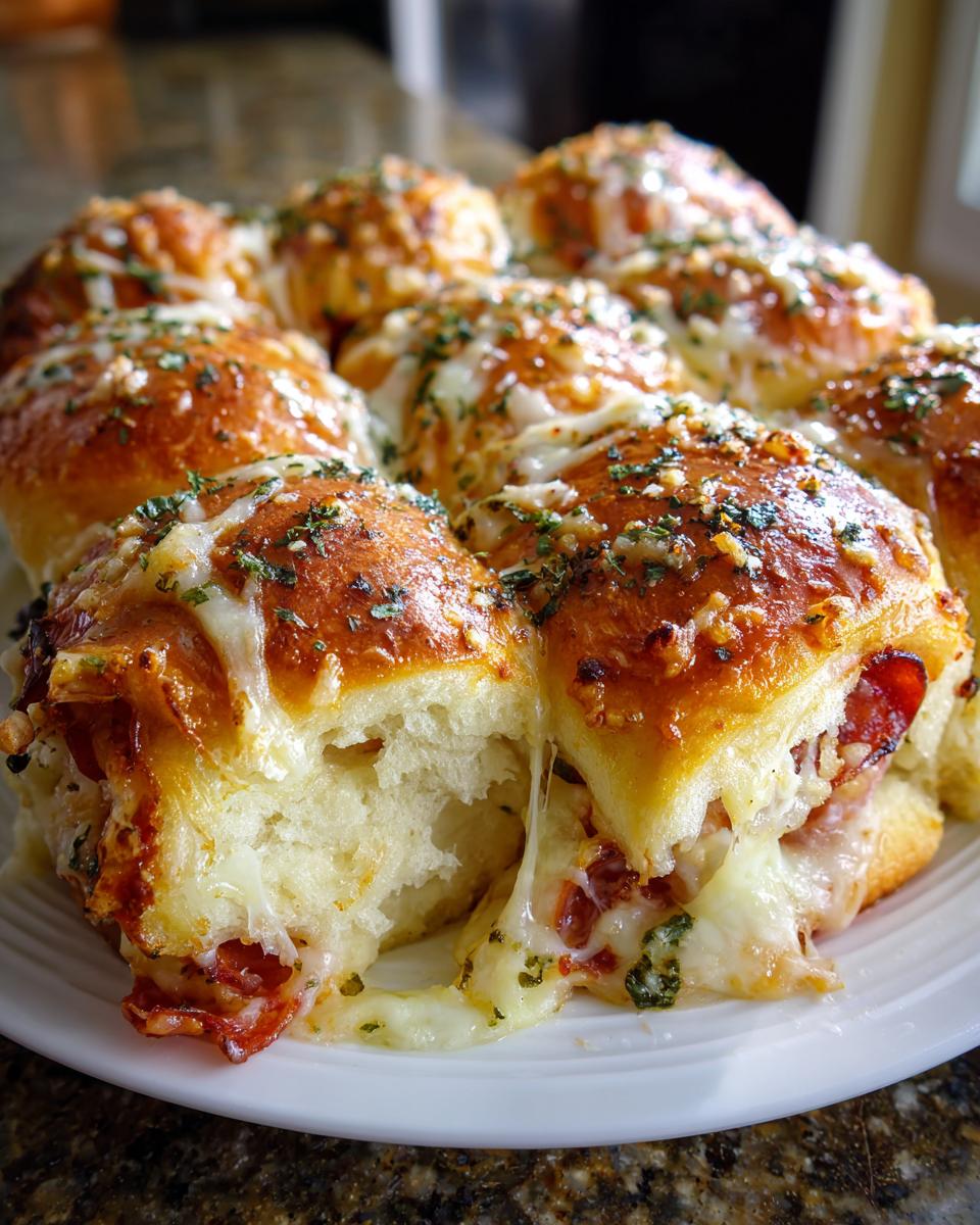 Close-up of gooey, cheesy pizza sliders pulled apart, topped with melted cheese and herbs.