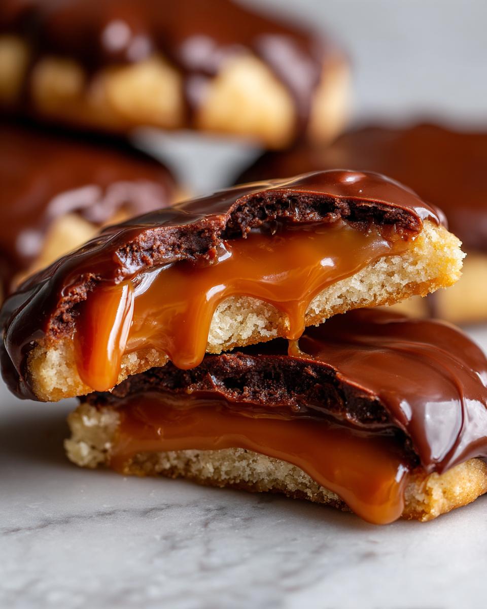 Close-up of a Twix cookie cut in half, showing gooey caramel filling dripping between shortbread layers, topped with chocolate.
