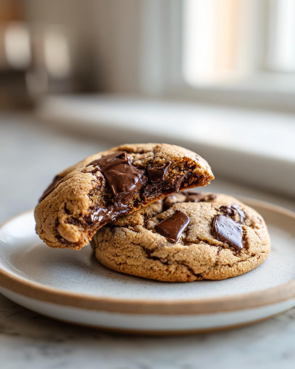 Close-up of two vegan chocolate chip cookies, one broken in half showing melted chocolate center.