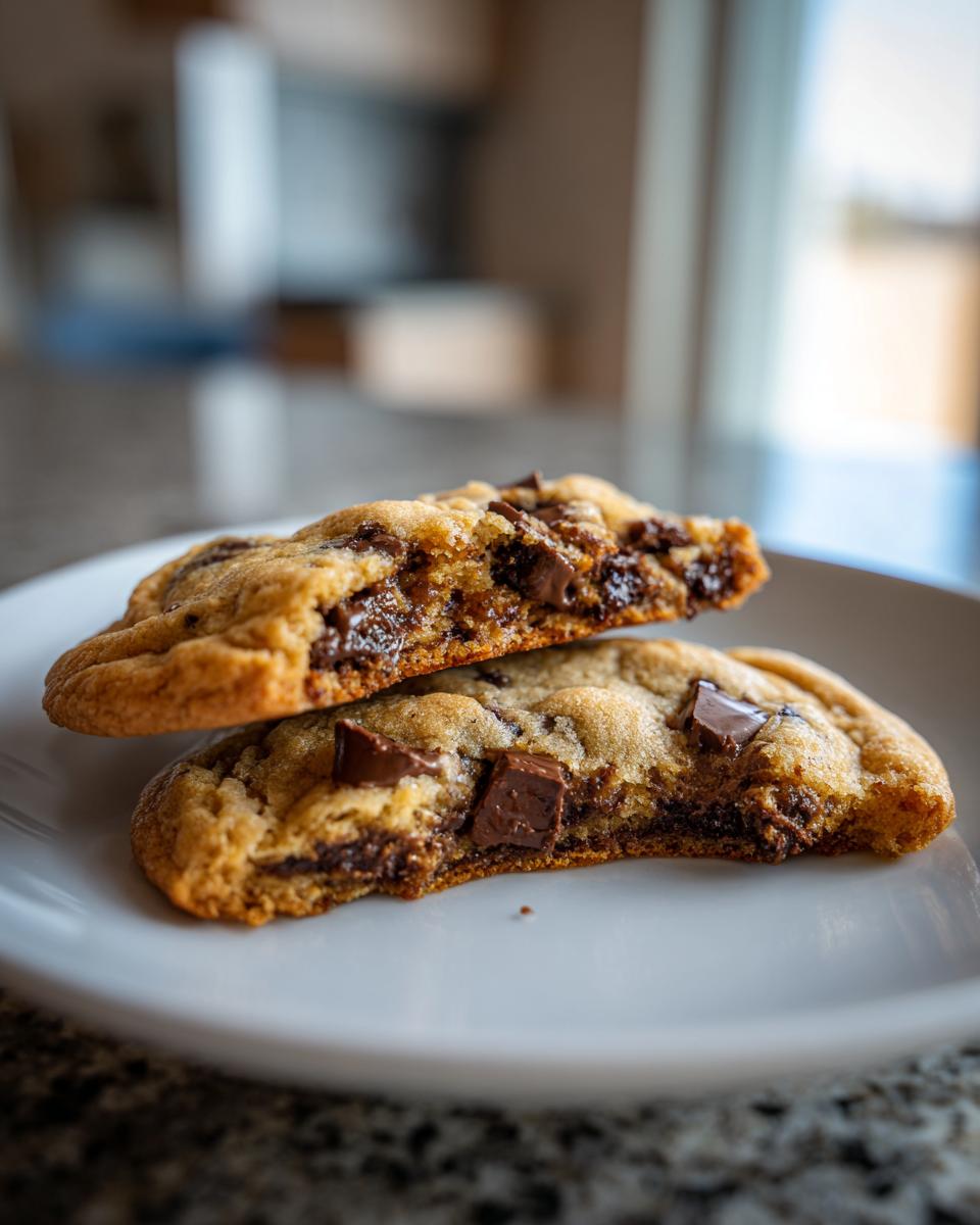 Two halves of a thick, gooey vegan chocolate chip cookie stacked on a white plate, showing melted chocolate chips inside.