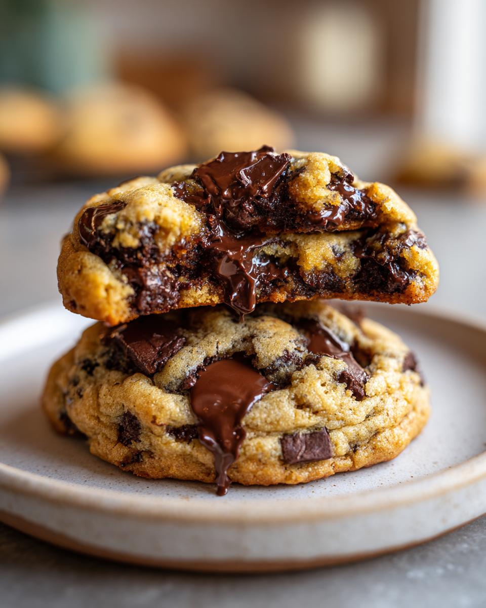 Two stacked vegan chocolate chip cookies broken open to show molten, gooey chocolate filling.