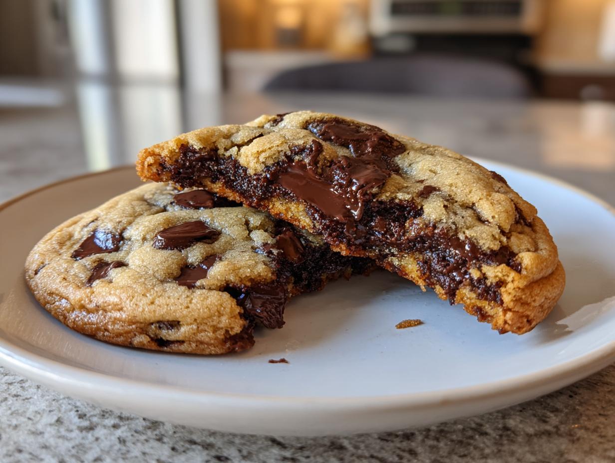 A vegan chocolate chip cookie broken in half showing a gooey, melted chocolate center.