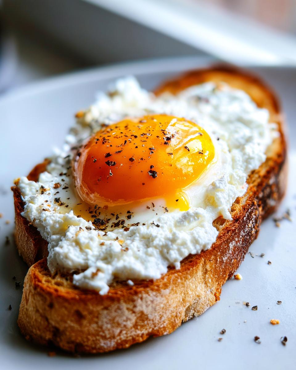 Close-up of gourmet egg toast topped with creamy ricotta cheese and a perfectly cooked sunny-side-up egg, seasoned with pepper.