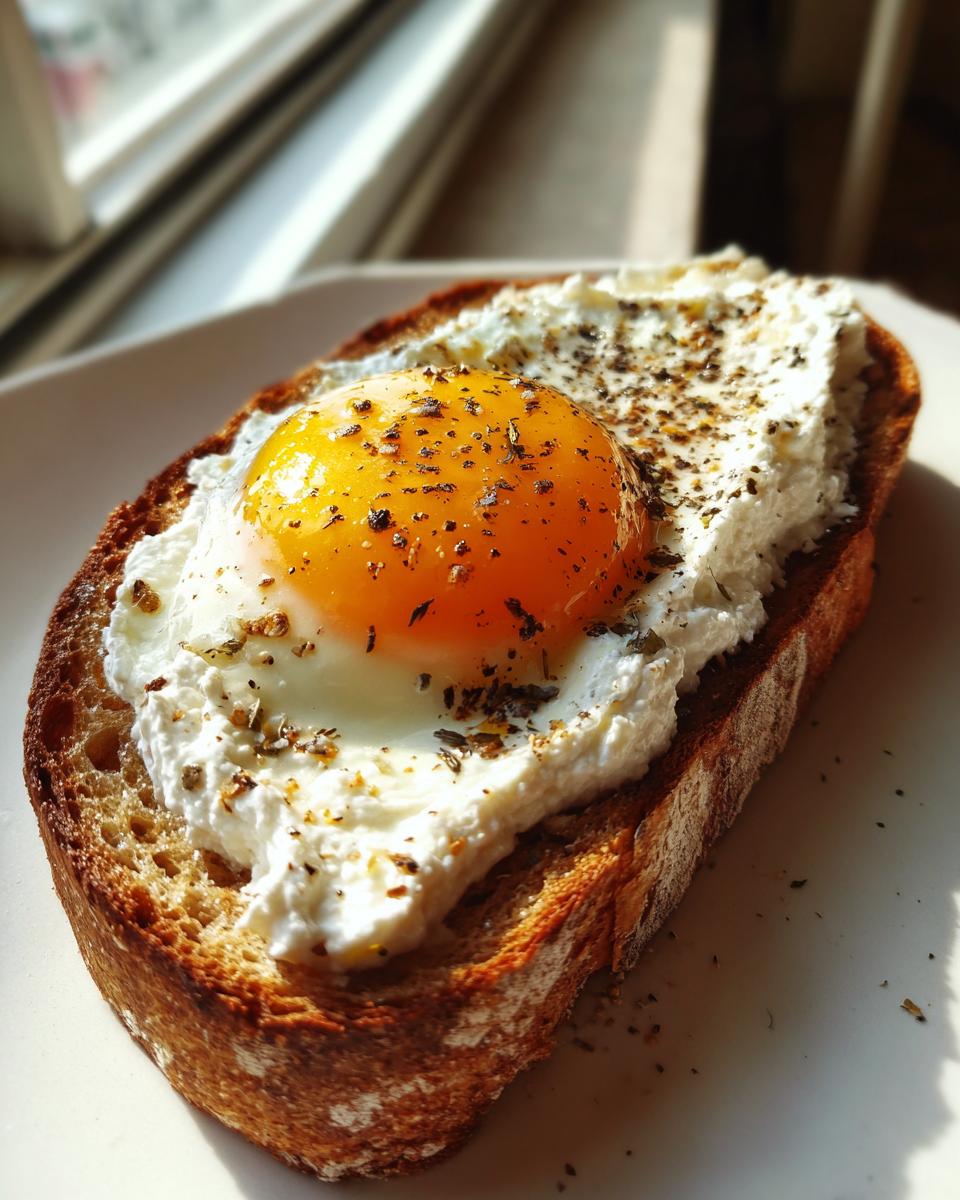 Close-up of gourmet egg toast featuring a sunny-side-up egg over cream cheese on toasted bread, seasoned with herbs.