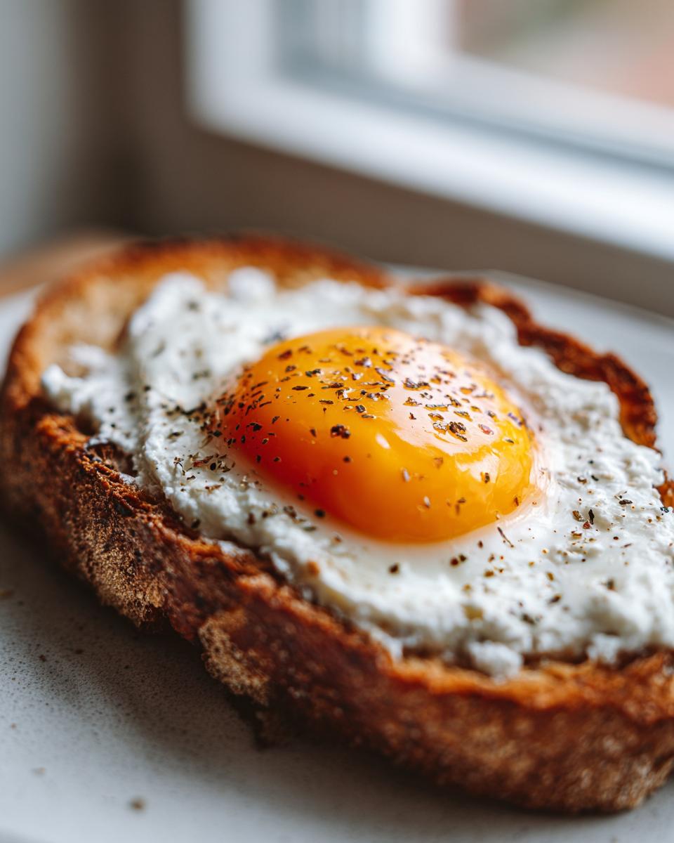 Close-up of gourmet egg toast featuring a sunny-side-up egg over a creamy white spread on dark toast, seasoned with pepper.