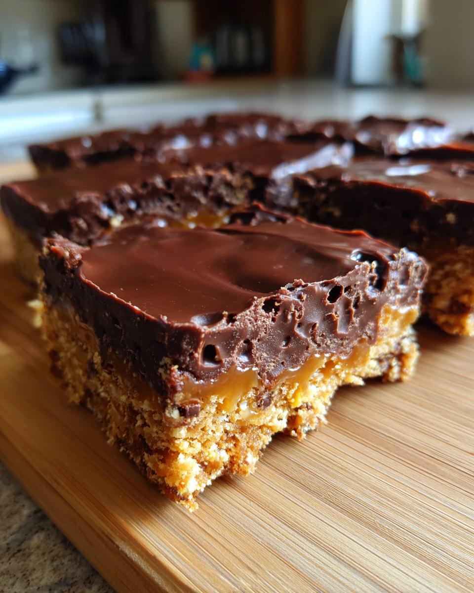 A close-up of layered graham cracker toffee bars with a thick chocolate topping resting on a wooden board.