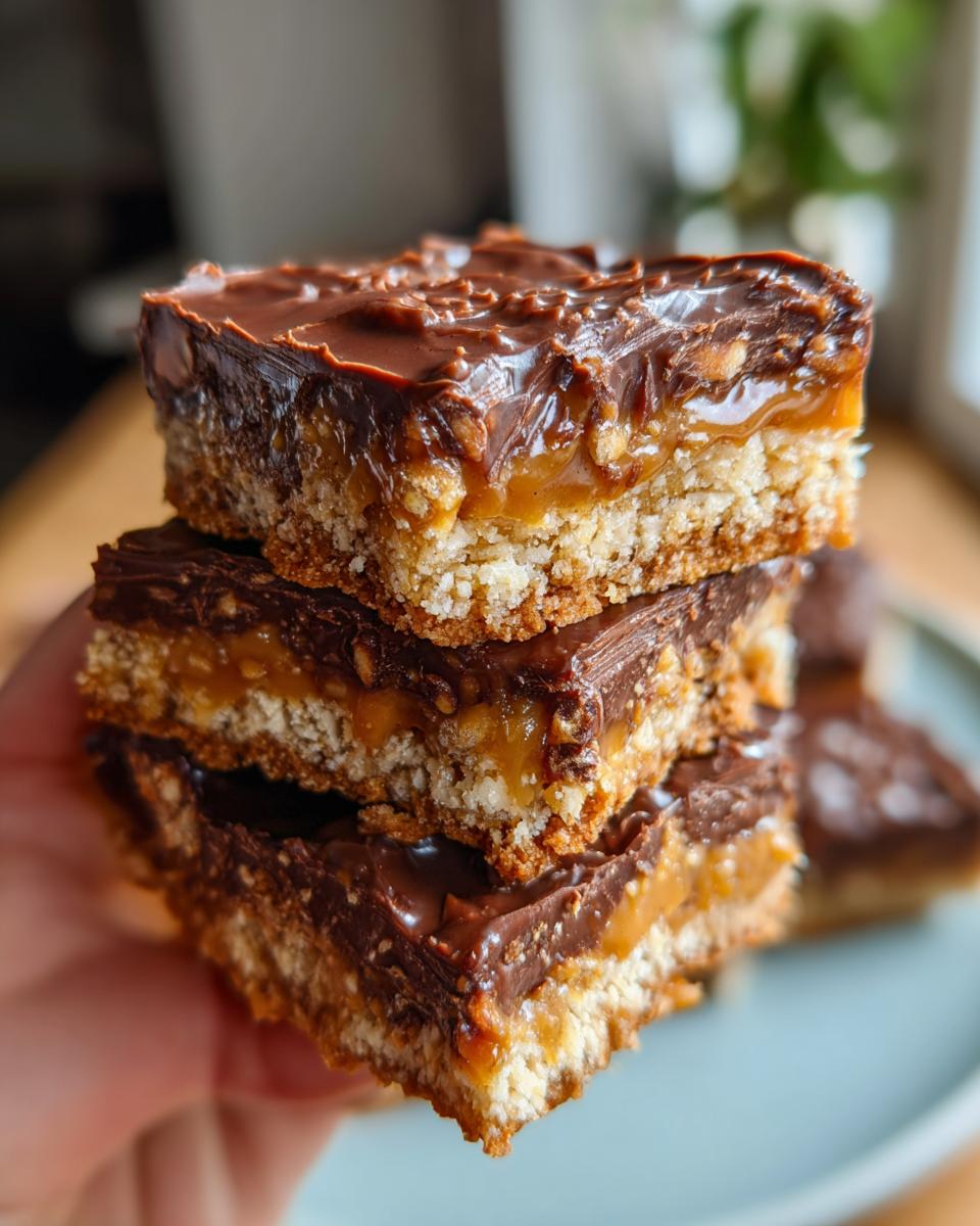A stack of three rich graham cracker toffee bars with a crunchy base, gooey caramel, and chocolate topping.