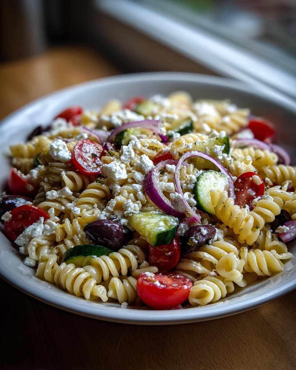 A close-up of a bowl filled with vibrant greek pasta salad featuring rotini pasta, feta cheese, cucumbers, tomatoes, and red onion.