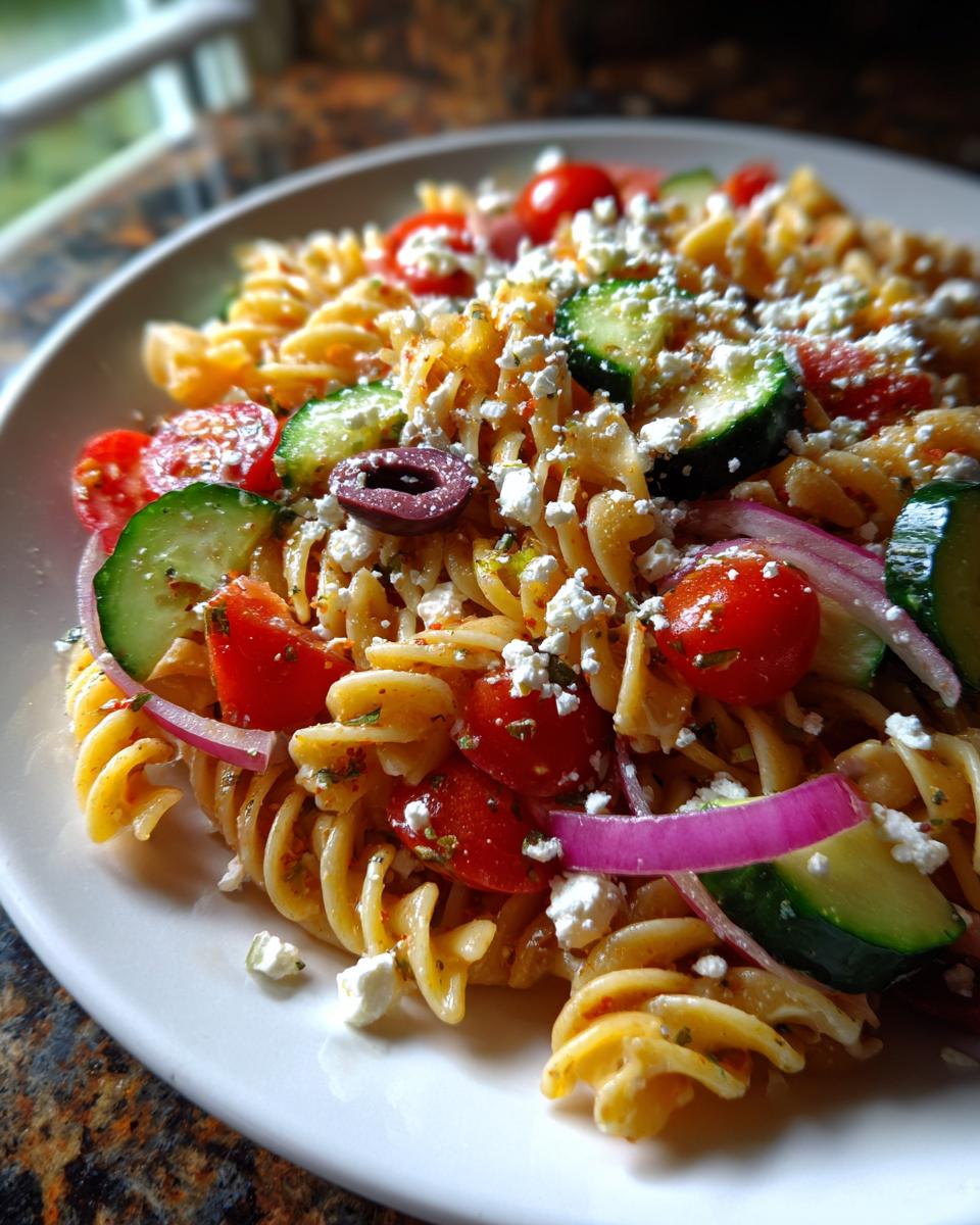 A close-up serving of vibrant greek pasta salad featuring rotini pasta, cherry tomatoes, cucumber slices, red onion, and crumbled feta cheese.