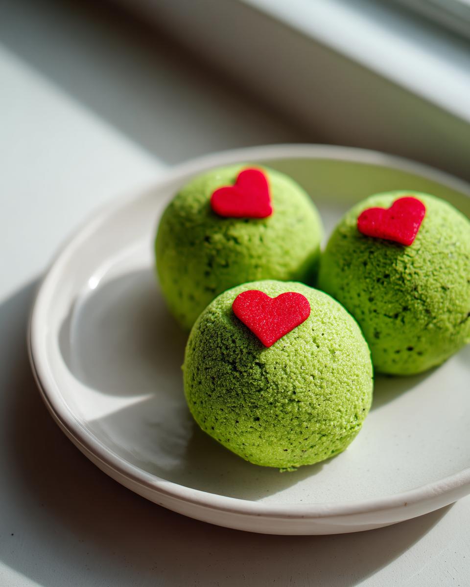 Three bright green Grinch Oreo Balls, each topped with a small red heart candy, resting on a white plate.