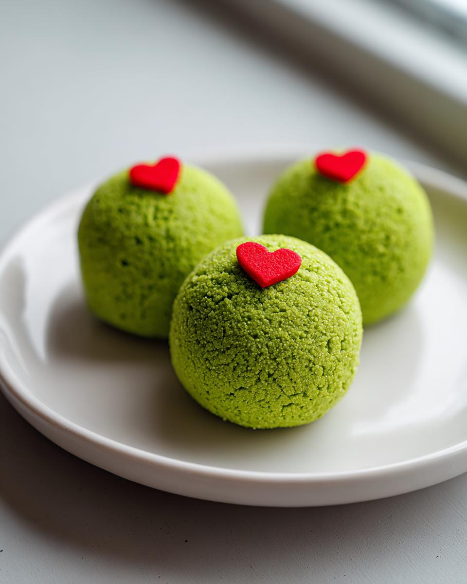 Three bright green Grinch Oreo balls, each topped with a small red heart, resting on a white plate.