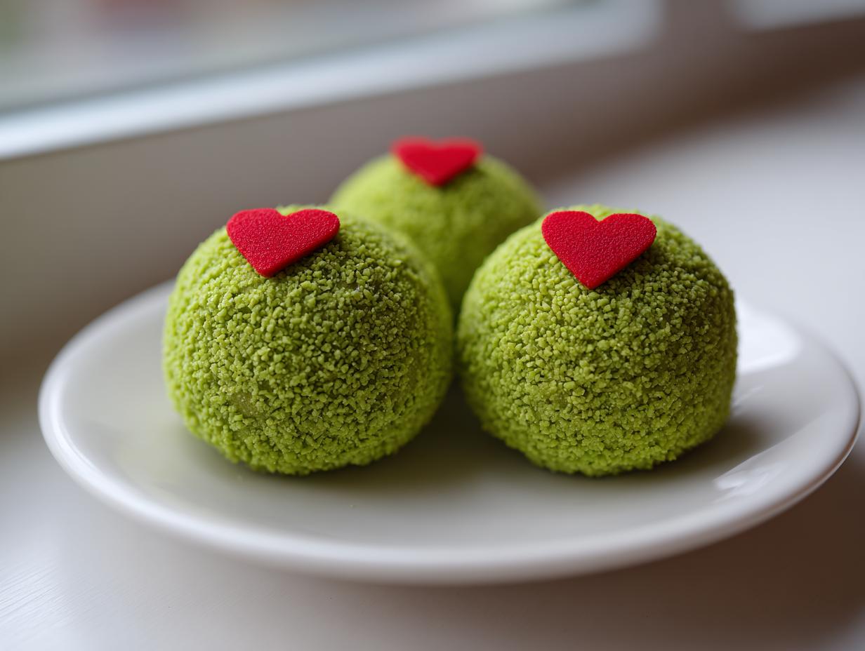 Three bright green Grinch Oreo Balls coated in green sprinkles, each topped with a small red heart, sitting on a white plate.