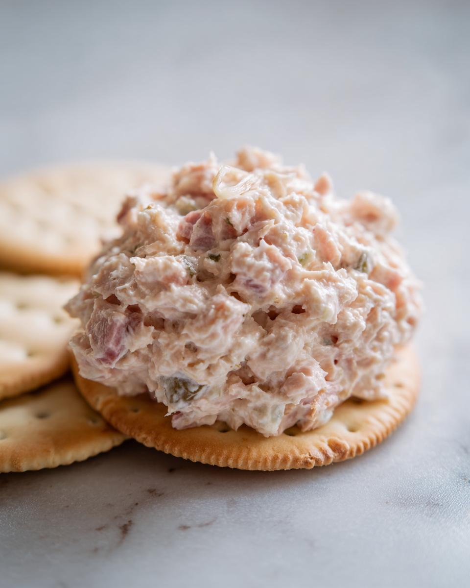 Close-up of a scoop of creamy ham salad recipe served on a round butter cracker.