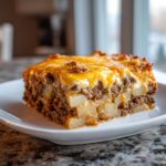 A hearty slice of hamburger potato casserole showing layers of ground beef and cubed potatoes topped with melted cheddar cheese.