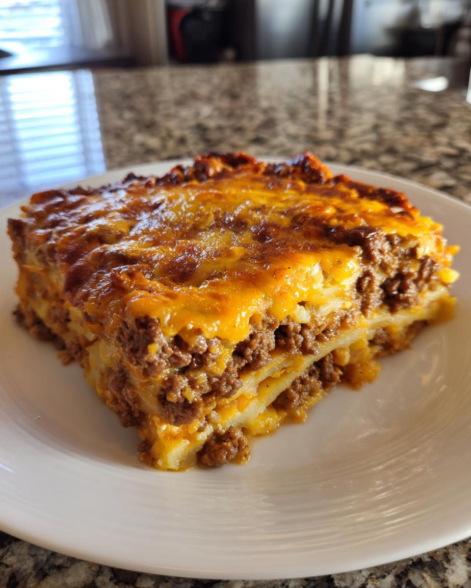 A thick slice of layered hamburger potato casserole topped with bubbly, melted cheddar cheese.