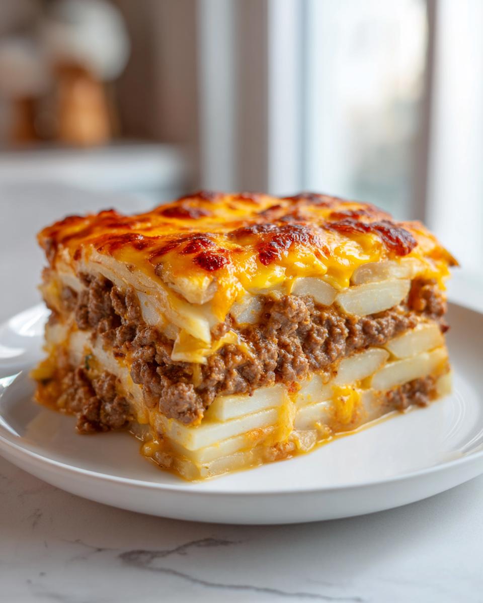 A square slice of hamburger potato casserole featuring layers of sliced potatoes and seasoned ground beef, topped with melted cheddar cheese.