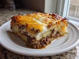 A generous slice of hamburger potato casserole featuring layers of potatoes, ground beef, and a melted, browned cheese topping.