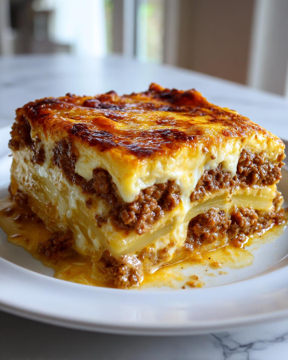 A thick, layered slice of hamburger potato casserole with ground meat and creamy sauce, featuring a golden-brown, bubbly cheese topping.