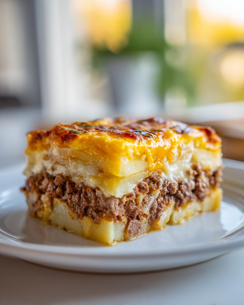 A perfect square slice of hamburger potato casserole showing layers of meat, potatoes, and a golden, baked cheese topping.