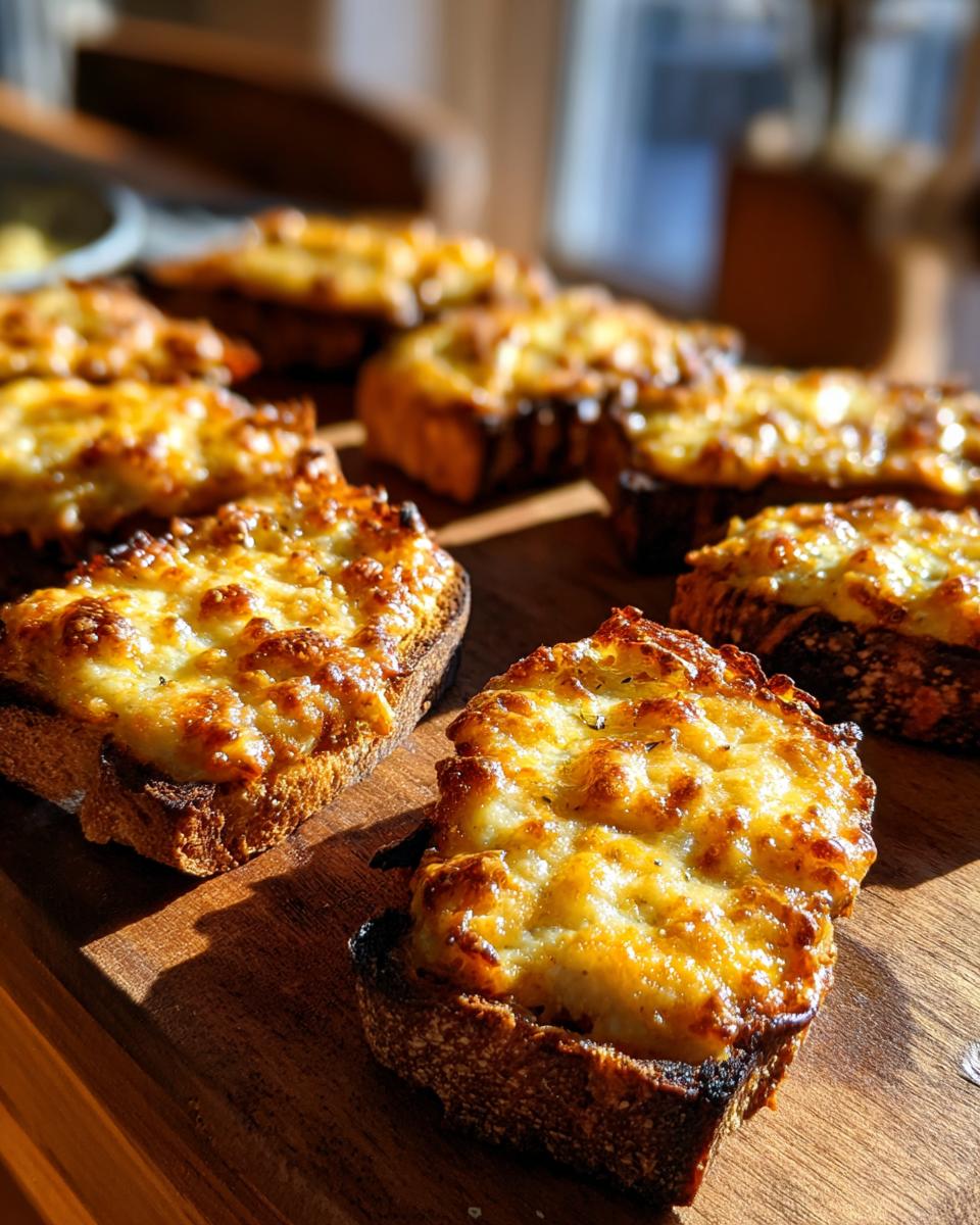Close-up of several toasted bread slices topped with melted, bubbly cheese mixture for the hanky panky recipe.