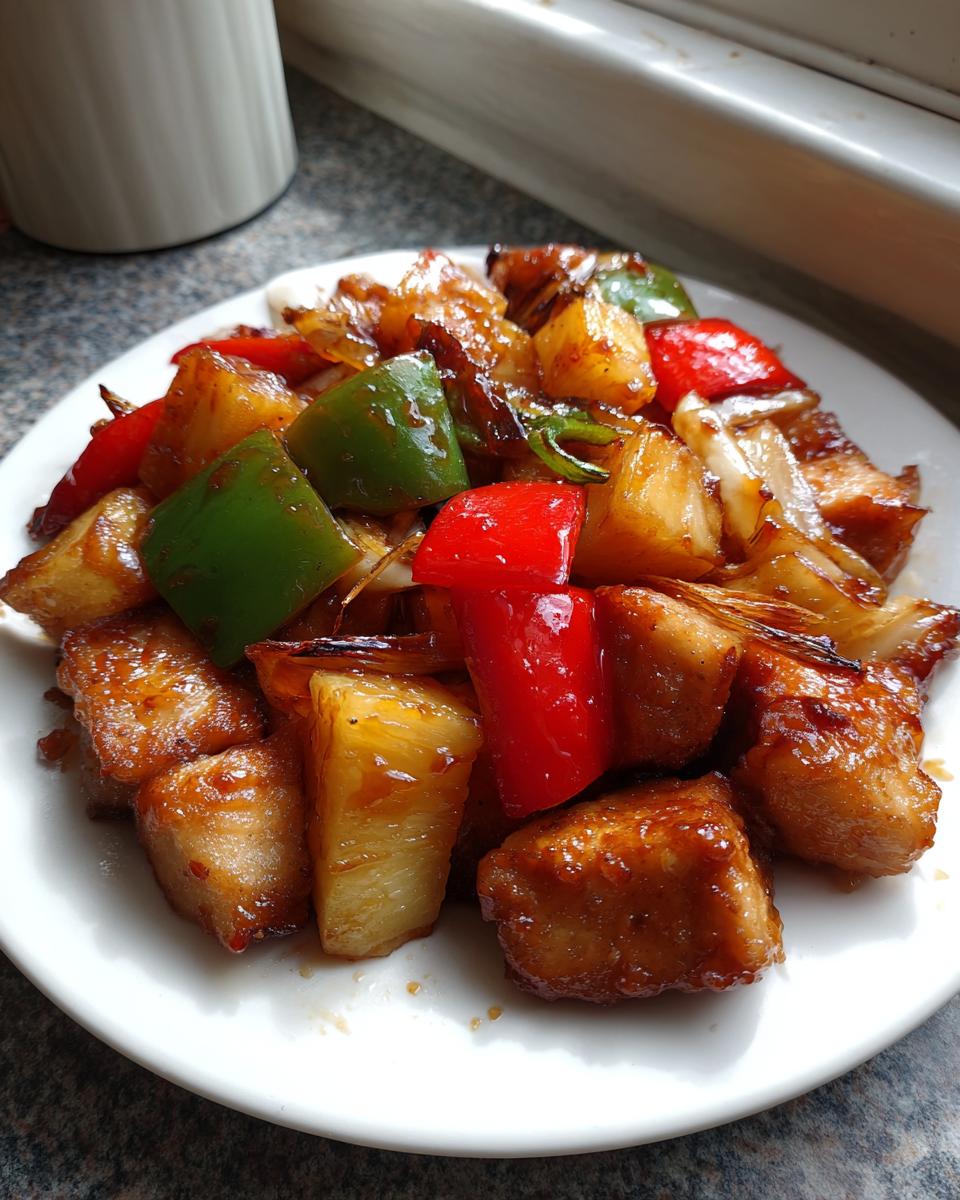 Close-up of glazed chicken pieces mixed with pineapple chunks and colorful bell peppers from the Hawaiian chicken sheet pan recipe.