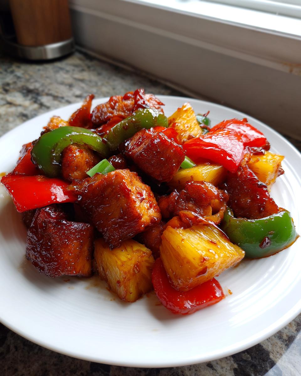Close-up of glazed chicken pieces mixed with pineapple chunks and bell peppers from the Hawaiian chicken sheet pan recipe.