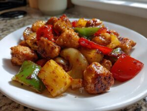 Close-up of glazed chicken pieces, pineapple, red and green peppers from the hawaiian chicken sheet pan recipe.