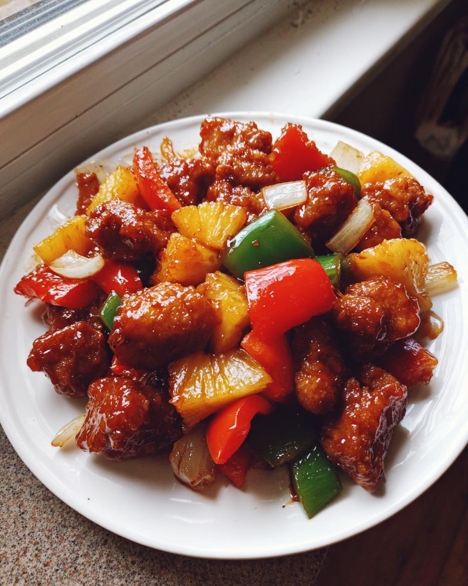 Close-up of glazed chicken pieces mixed with pineapple, red peppers, green peppers, and onions, reminiscent of Hawaiian chicken sheet pan flavors.