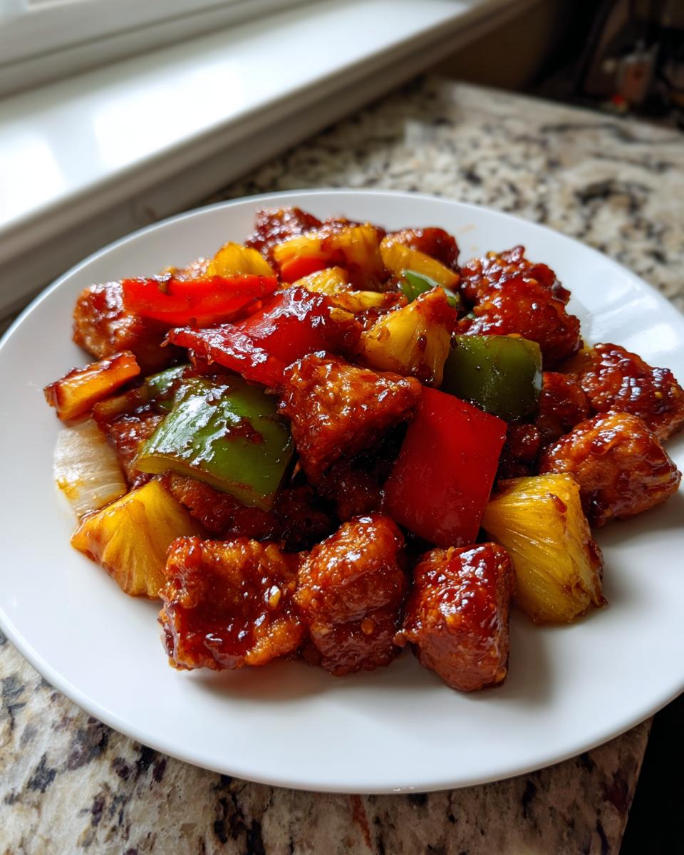 Close-up of sticky, glazed Hawaiian chicken pieces mixed with pineapple and bell peppers from the sheet pan recipe.