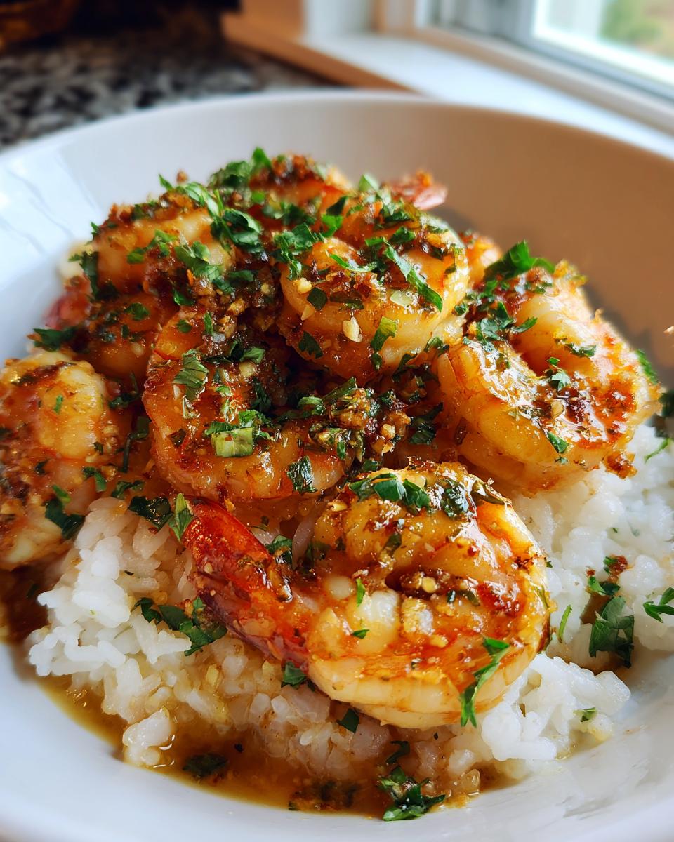 Close-up of juicy Hawaiian garlic shrimp coated in a savory sauce and fresh parsley, served over a bed of white rice.