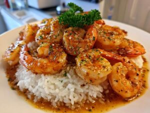 Close-up of juicy Hawaiian garlic shrimp served over white rice, glistening with garlic butter sauce and parsley.