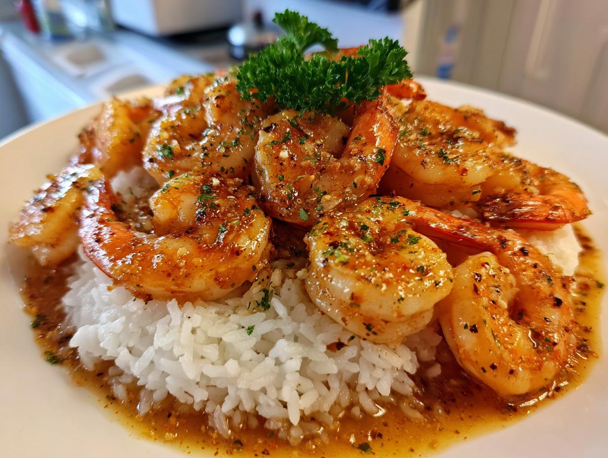 Close-up of juicy Hawaiian garlic shrimp served over white rice, glistening with garlic butter sauce and parsley.