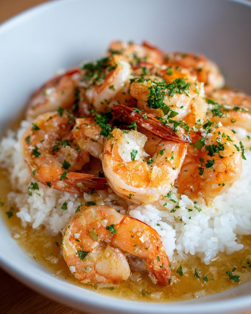 Close-up of succulent Hawaiian garlic shrimp glistening in butter sauce, served over white rice and topped with fresh parsley.