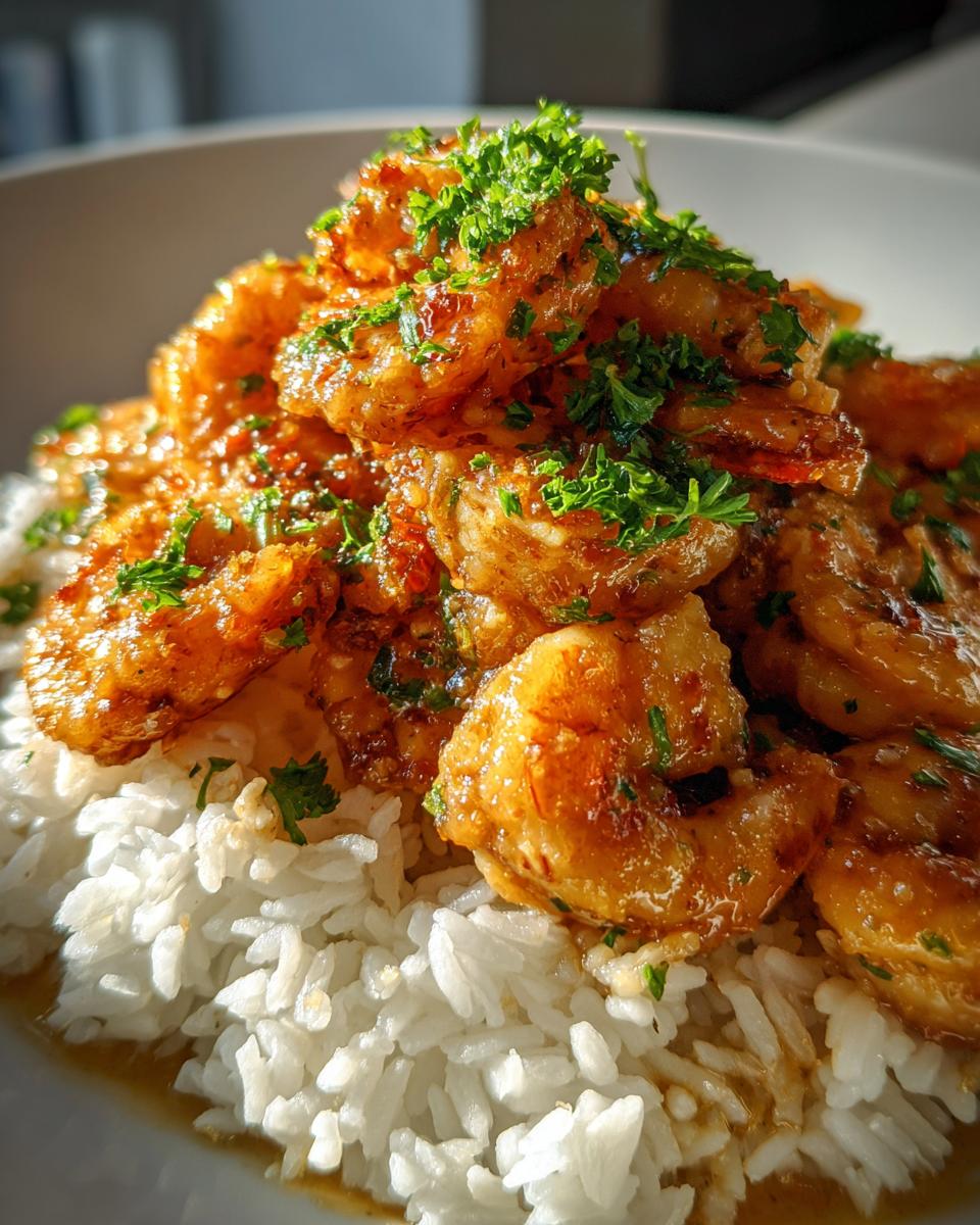 Close-up of glistening Hawaiian garlic shrimp piled high over a bed of fluffy white rice, garnished with fresh parsley.