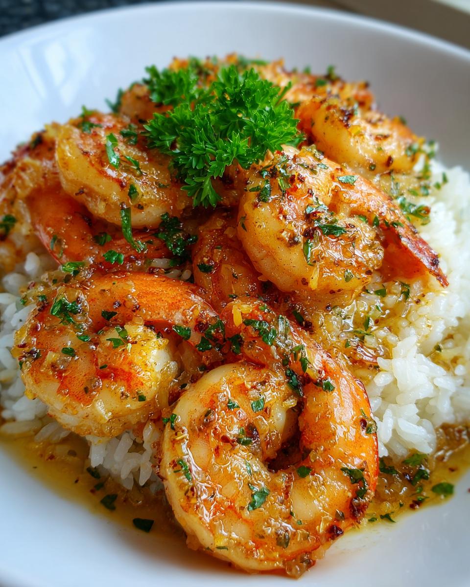 Close-up of juicy Hawaiian garlic shrimp served over a bed of white rice, garnished with fresh parsley.