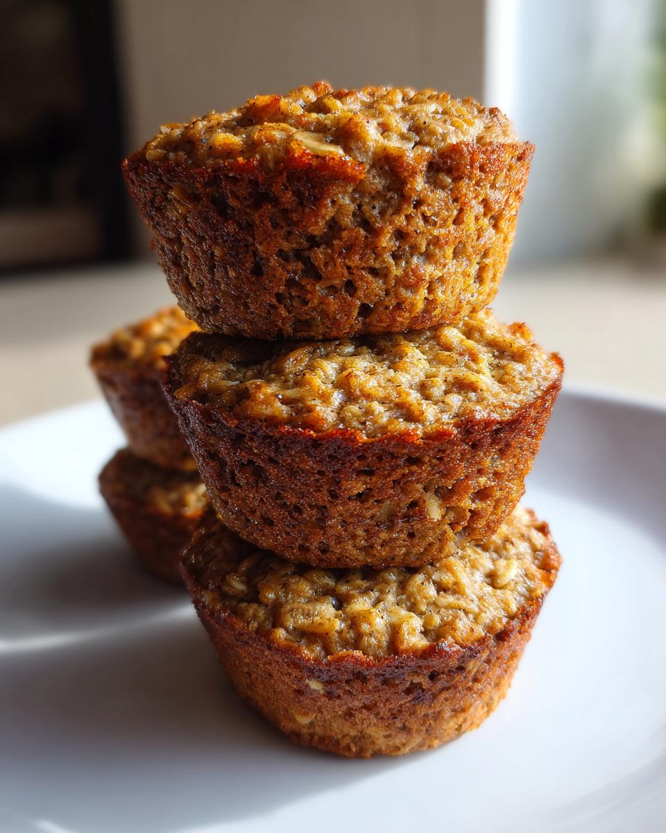 A stack of three golden brown, textured oatmeal muffins sitting on a white plate.