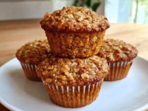 A stack of three golden brown, healthy oatmeal muffins topped with visible oats, resting on a white plate.