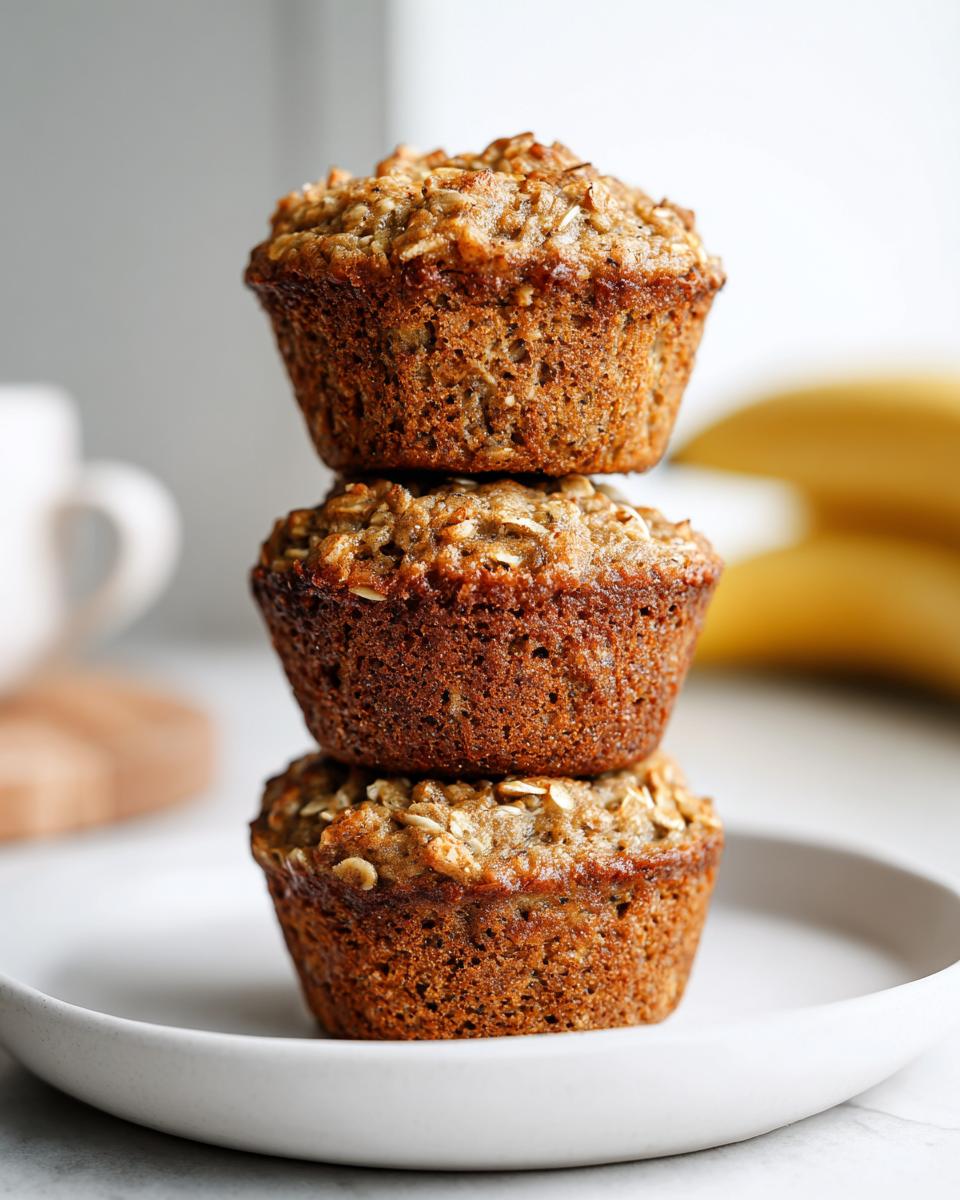 Three golden brown oatmeal muffins stacked vertically on a white plate, suggesting a healthy breakfast.