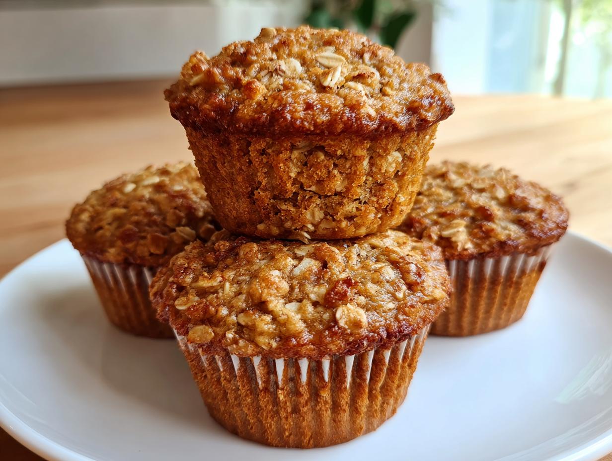 A stack of three golden brown, healthy oatmeal muffins topped with visible oats, resting on a white plate.