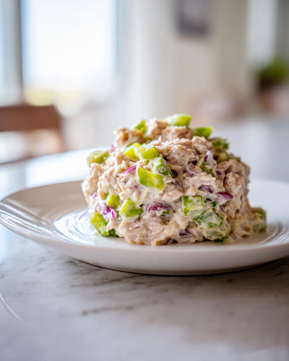 A scoop of healthy tuna salad mixed with green celery and red onion served on a white plate.