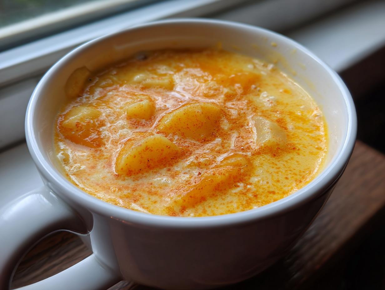 Close-up of a white mug filled with thick, creamy, orange-yellow cheese soup topped with paprika.