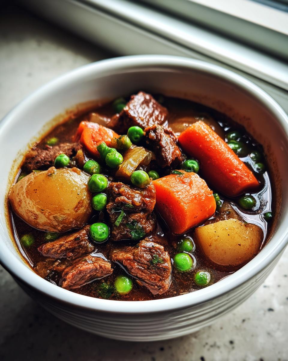 Close-up of a rich, dark broth vegetable beef soup featuring chunks of beef, carrots, potatoes, and bright green peas.