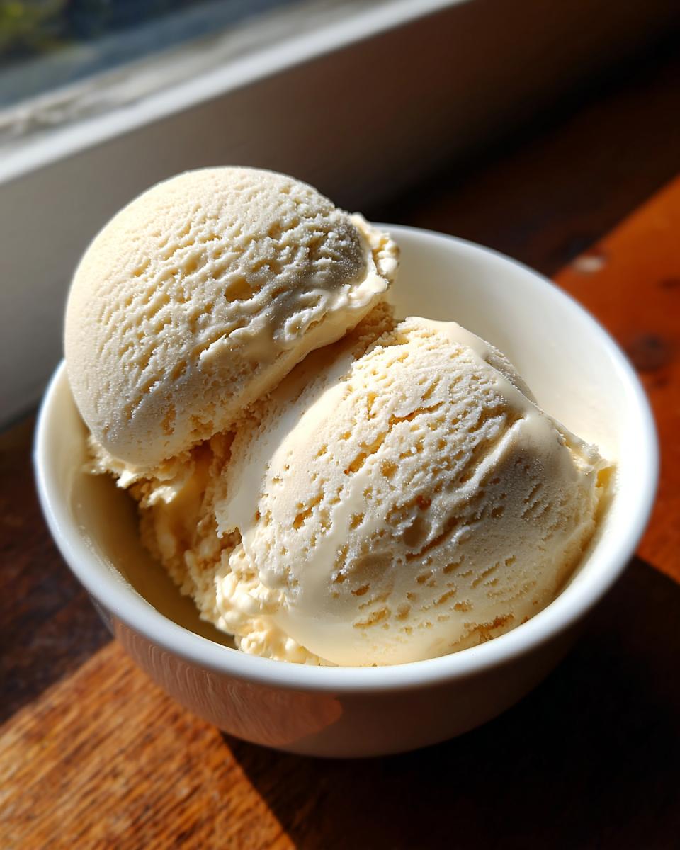 Close-up of two scoops of creamy, pale yellow protein ice cream in a white bowl, lit by bright sunlight.