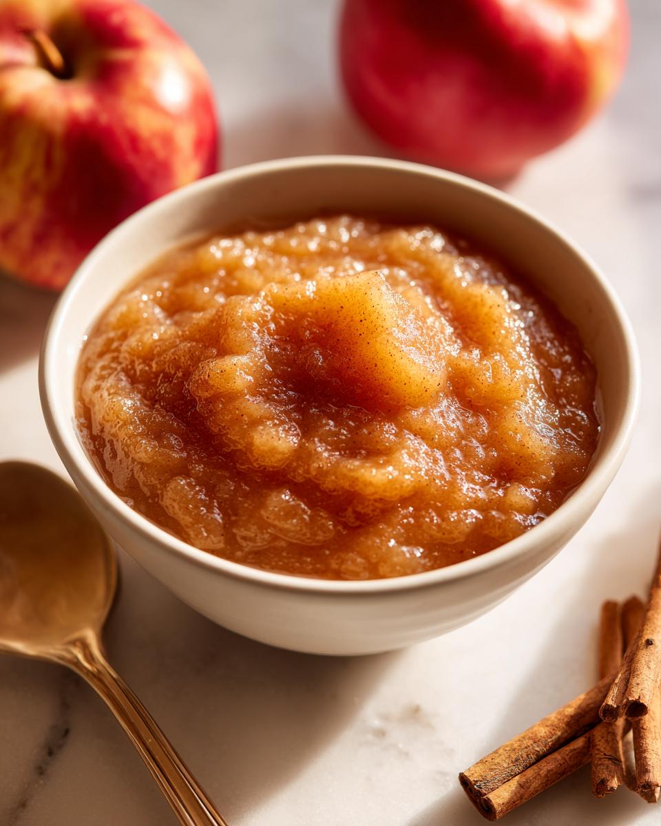 Close-up of homemade applesauce in a white bowl, sprinkled with cinnamon, next to fresh apples and cinnamon sticks.