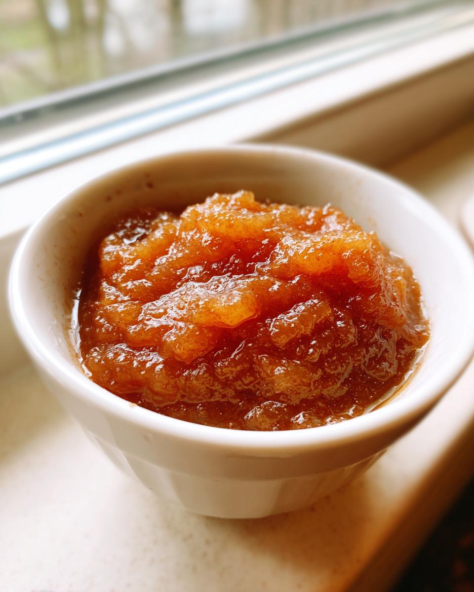 A close-up of chunky, spiced homemade applesauce served in a small white bowl near a window.
