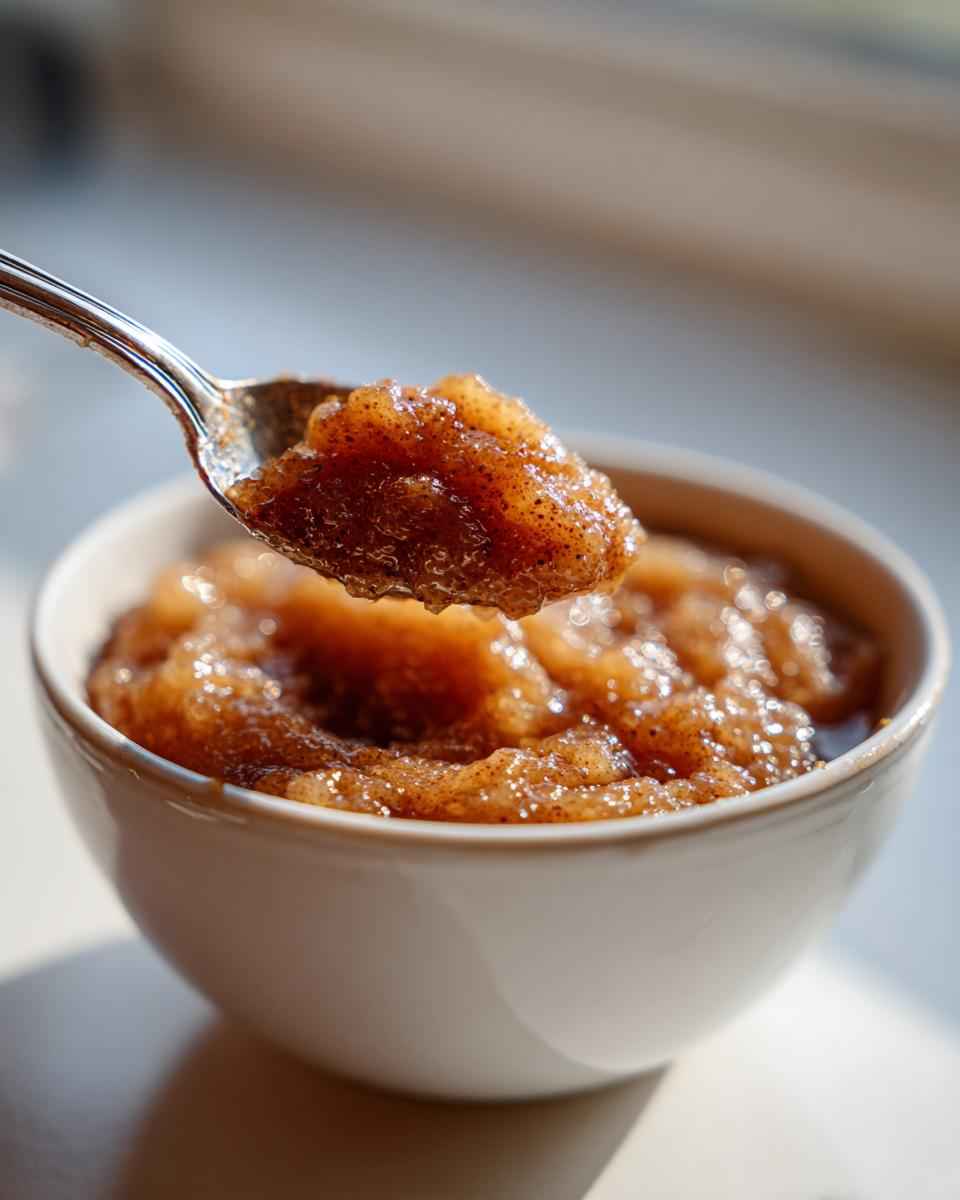 A spoonful of chunky, spiced homemade applesauce being lifted from a white bowl, showing texture and cinnamon specks.